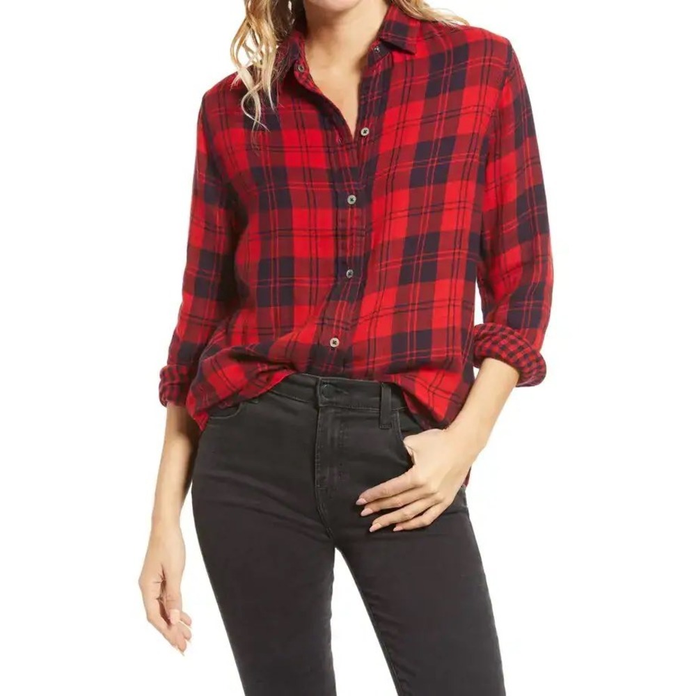 Faherty Belmar Reversible Organic Cotton Plaid Gingham Shirt Red Blue Medium
